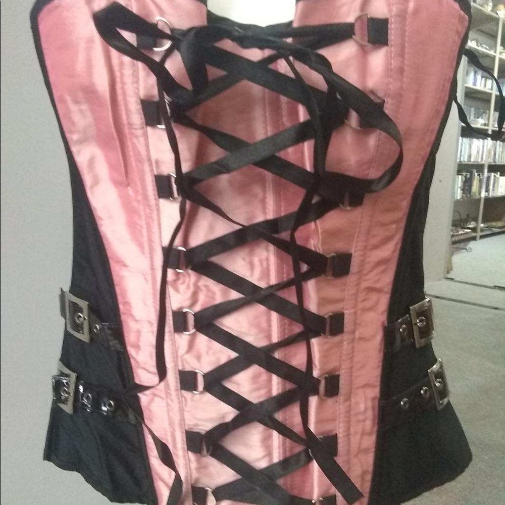 Pink and black corset with buckles